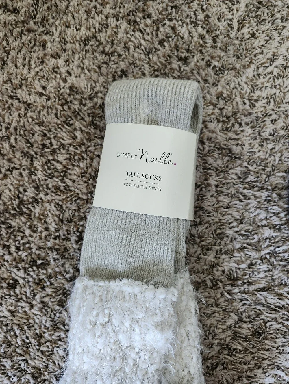 Simply Noelle Tall Fuzzy Knit Socks - Light Gray & White
